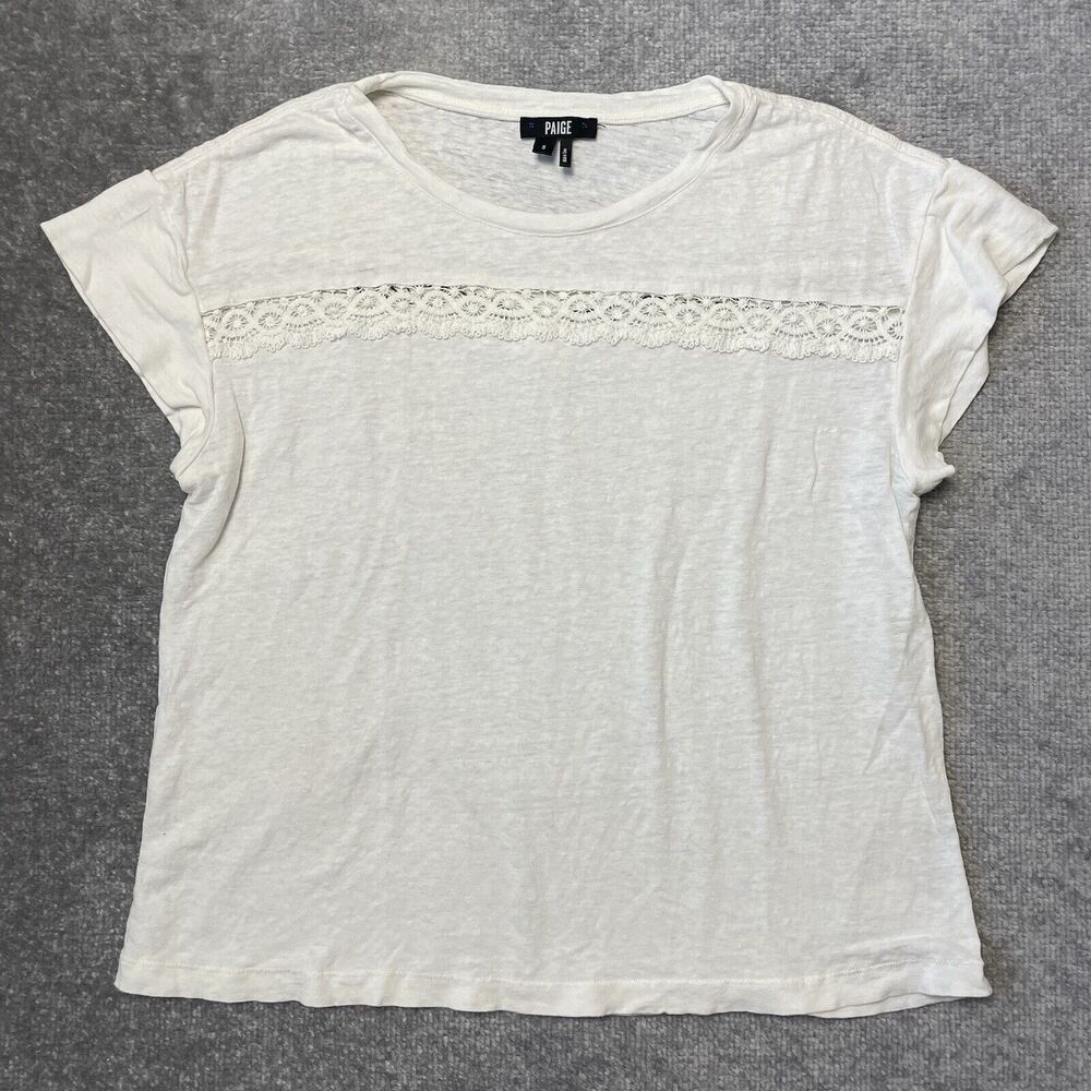 Paige Shirt Womens Small Cream Crochet Lace Linen Blend Relaxed Fit Casual Top